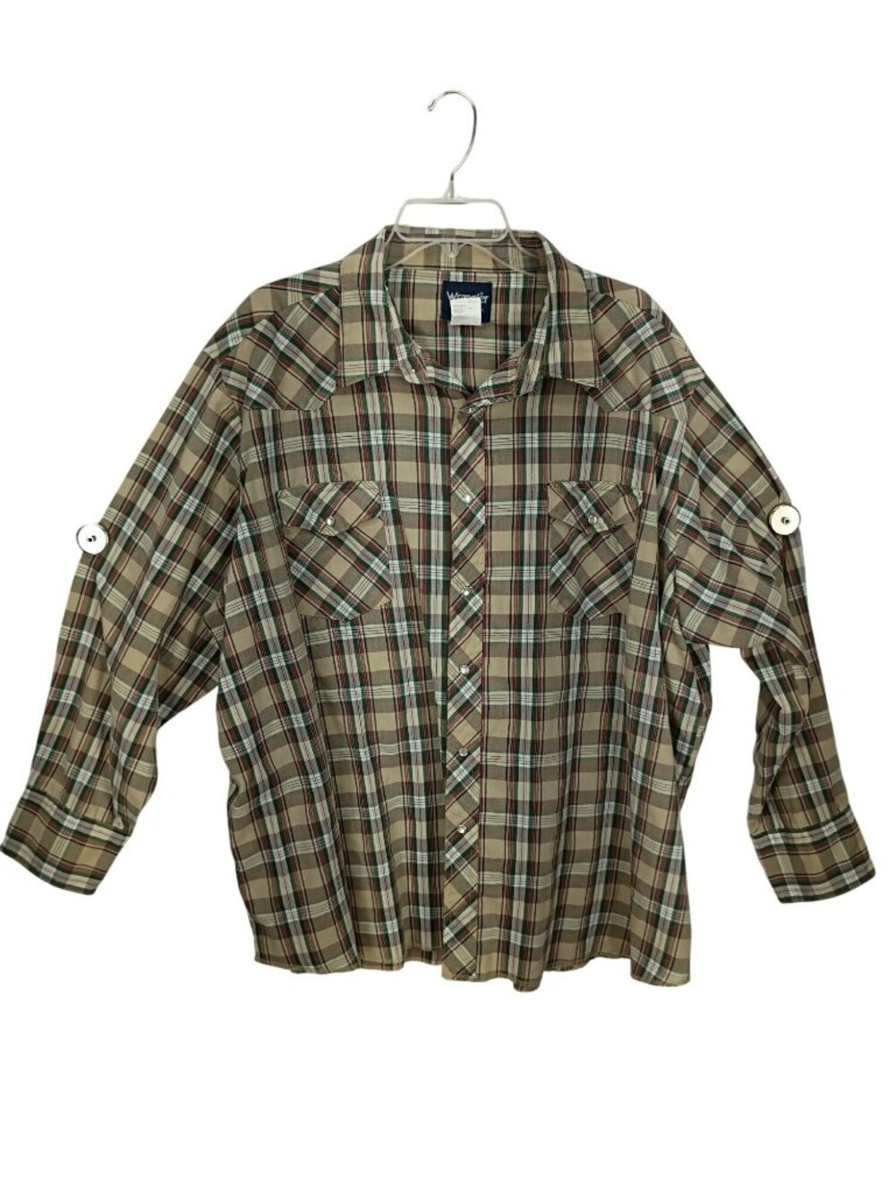 Wrangler Western Plaid Pearl Snap Shirt 3X Beige/Green/Red Roll-Tab Sleeves